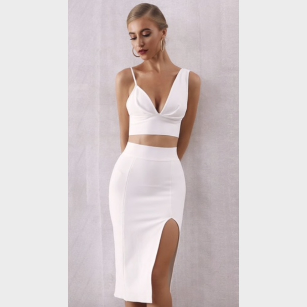 CO-ORD WHITE 2 PIECE TOP & SKIRT SET BANDAGE DRESS - Picture 3 of 15